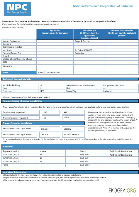 Modèle de facture de services publics de gaz de la Barbados National Petroleum Corporation of Barbados au format Word et PDF